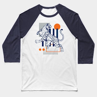 Retro 80s Orange & Blue Tiger on the Attack // Vintage Geometric Shapes Background Baseball T-Shirt